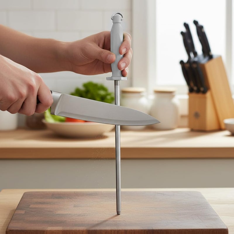 Kitchen Master 12 Inch Stainless Steel Sharpening Steel (White) | Professional Honing Rod, KMK064 - Image 4